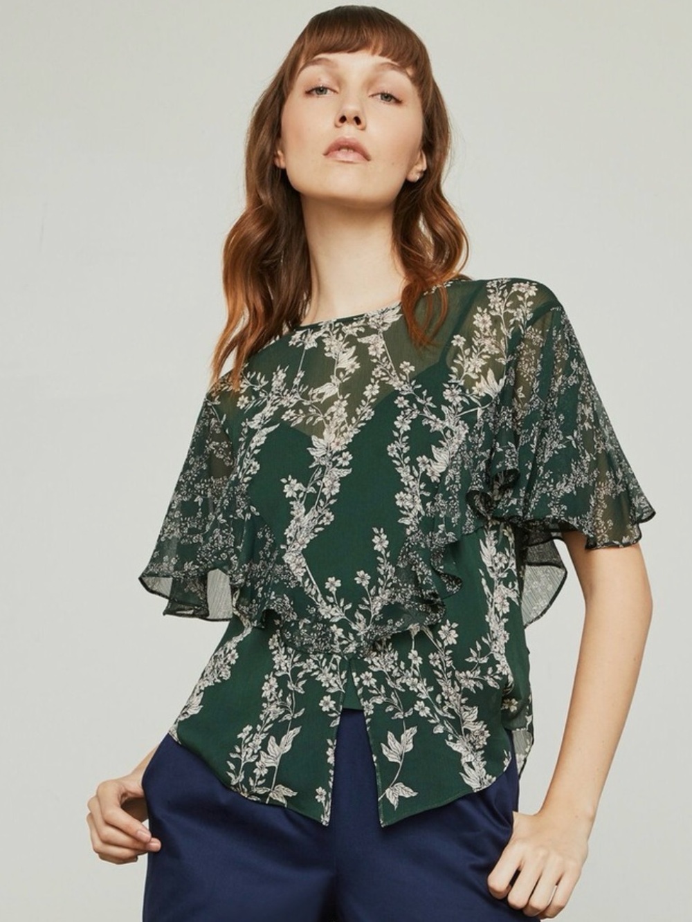 BCBGMAXAZRIA Stream of Bloom Green Floral Flutter Sleeve Ruffle Blouse XXS